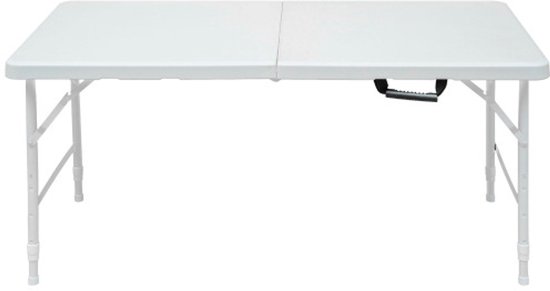 Table pliante de 125 cm, portable – Cadre en acier robuste, hauteur réglable, design compact et pliable pour l'extérieur/la maison/le bureau, résistante à la rouille et facile à nettoyer (blanche)