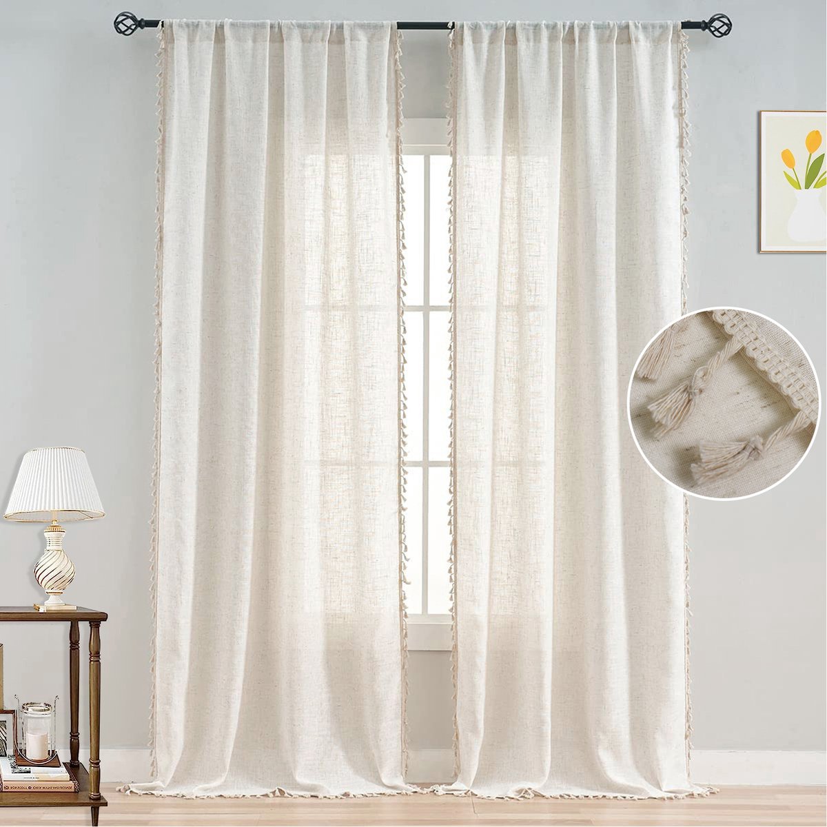 Qelus 2 Stuks Vintage Boho Vitrage met Kwastjes - Gordijnen Kant en Klaar 132×213cm - Voor Woonkamer/Slaapkamer - Gratis Gordijn Embrasse
