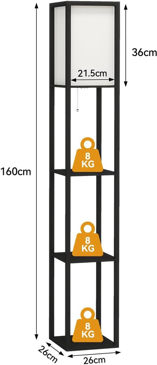 Puluomis- Vloerlamp - Staande lamp - Vloerlampen Woonkamer - Stalamp - Staande lampen woonkamer - Modern - 3-laags opbergrek - 160H x 26L x 26B cm - Zwart thumbnail 6