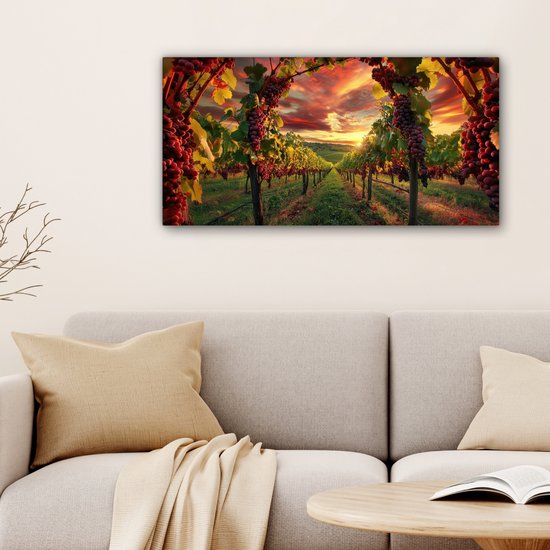 Tableau sur toile 100x50 cm - Décoration murale exclusive Vignoble - Raisins - Coucher de soleil - Décoration murale salon - Décoration chambre - Accessoires chambre - Peintures sur toile