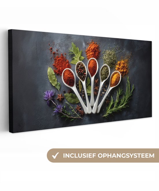 Tableau sur toile 100x50 cm - Décoration murale exclusive Cuillères - Wit - Poudre - Herbes - Décoration murale salon - Décoration chambre - Accessoires chambre - Peintures sur toile