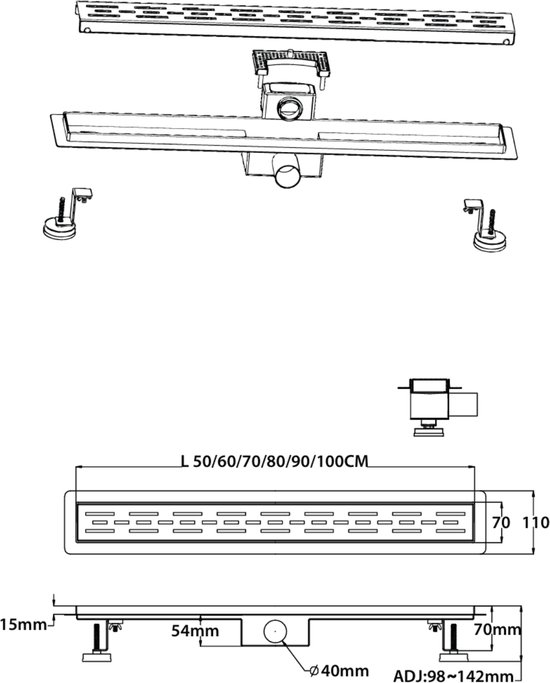 Bride de drain de douche en acier inoxydable Aloni avec siphon amovible 80 cm Noir mat