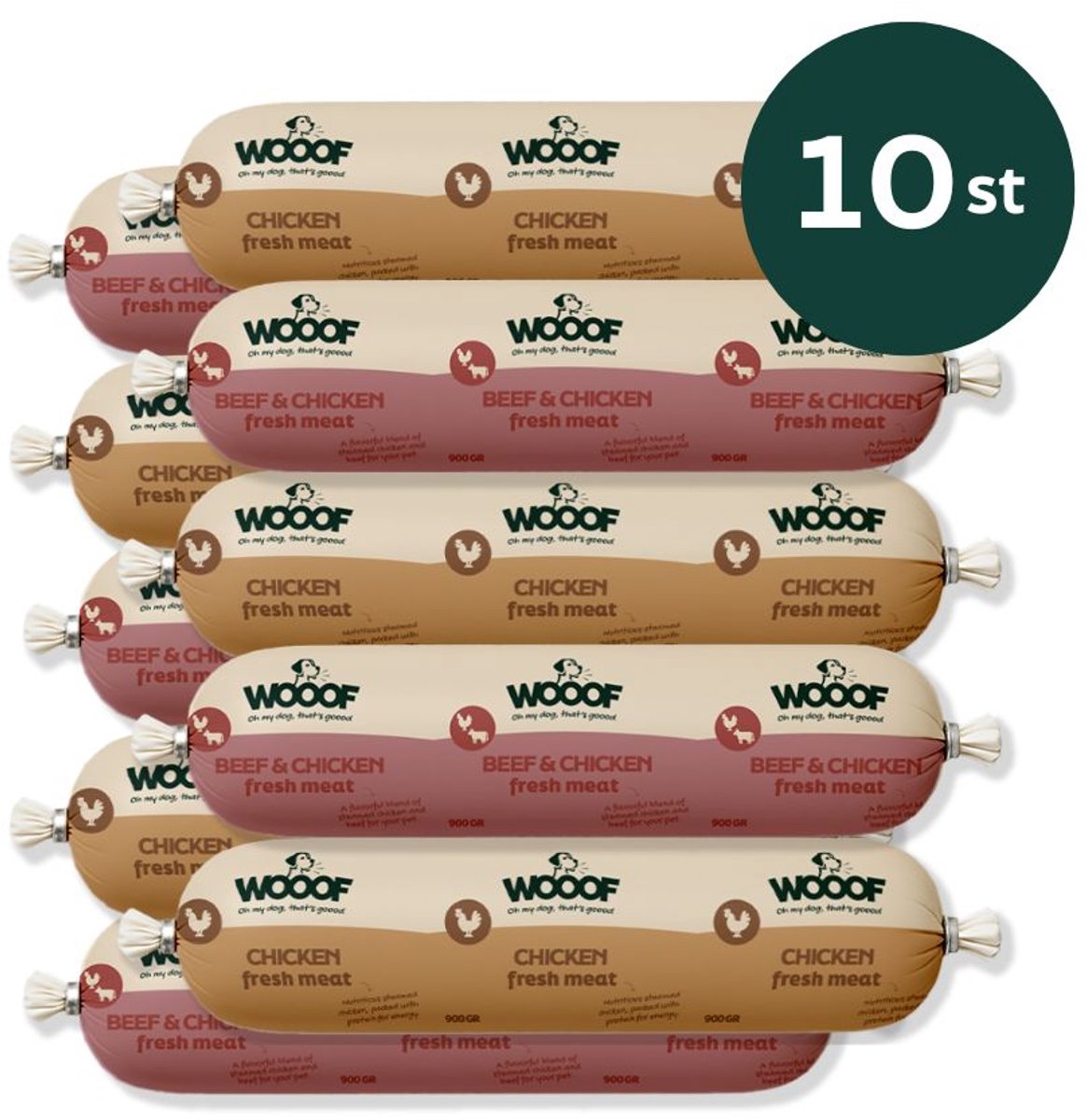 Bol.com WOOOF Honden worsten Kip en Rund worsten Vers vlees natvoer - Houdbare worsten hondenvoer - 10x 900gram aanbieding