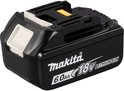 Zwarte Makita 18V 6.0Ah lithium-ion accu, schuin van voren gezien, met witte ontgrendelingsknop en gele connector.
