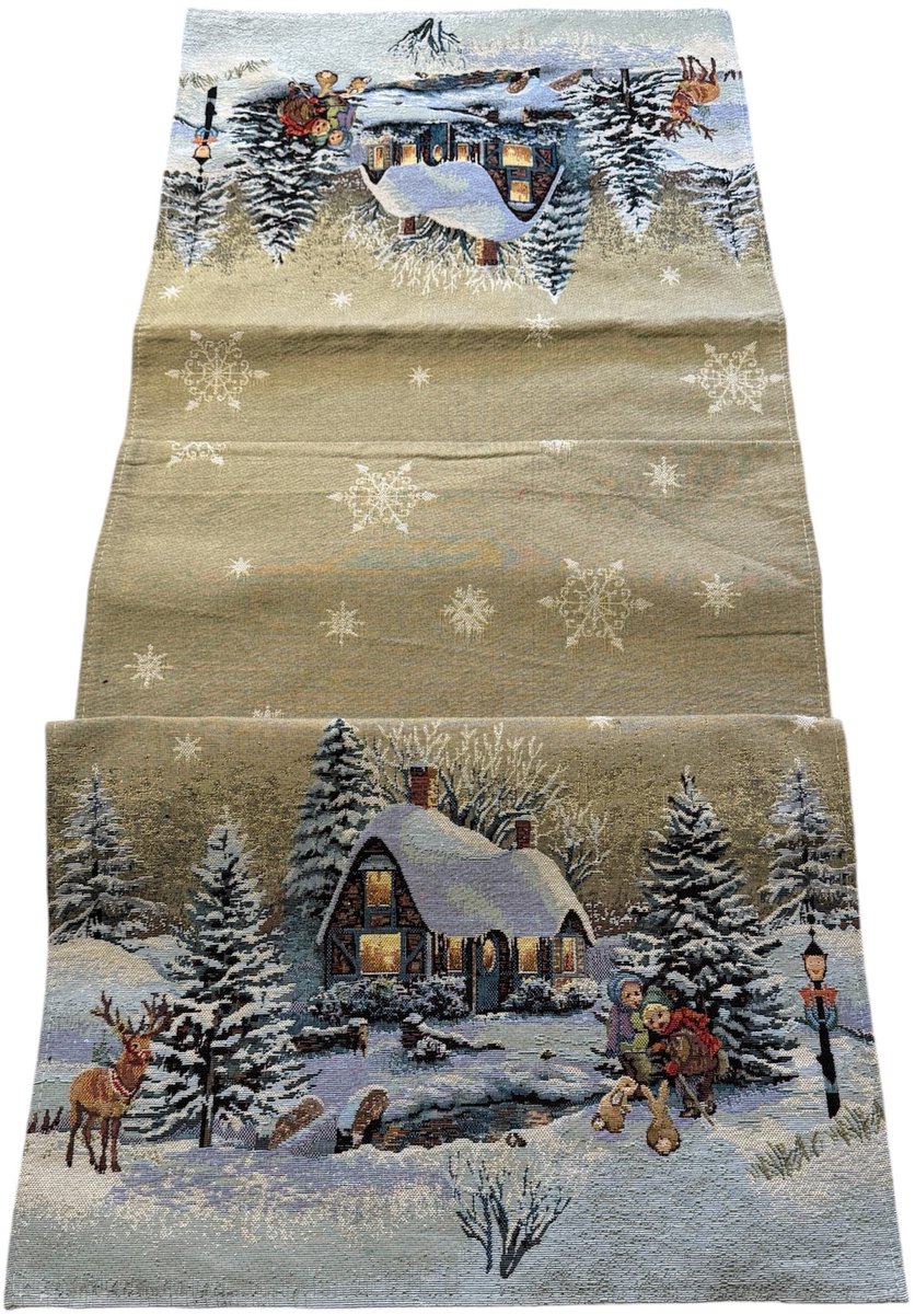Tafelloper - Gobelinstof - Kerst - sneeuw - winterhuis - dennenbomen - Loper 45 x 140 cm