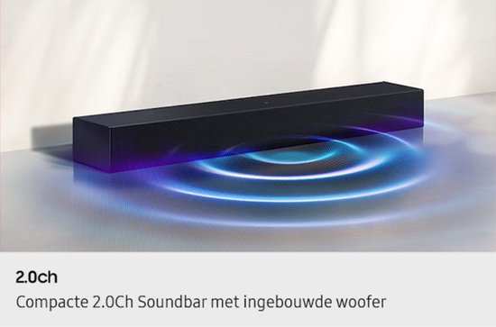 Zwarte soundbar met blauwe geluidsgolven die eromheen circuleren. Tekst: 2.0ch Compacte 2.0Ch Soundbar met ingebouwde woofer.