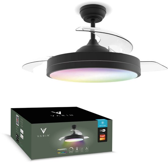 Varin® Smart Plafondventilator met verlichting - Zwart - Tuya Wifi - LED RGBW - Ø 50cm/108cm - Super stil - Smart lamp - Plafondlamp slaapkamer - Plafonniere woonkamer - Plafondlampen - Plafond lamp - Verlichting kinderkamer - Ventilator