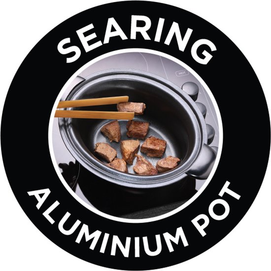 Pictogram met de tekst 'SEARING ALUMINIUM POT' en stukjes vlees die worden dichtgeschroeid in een pan.