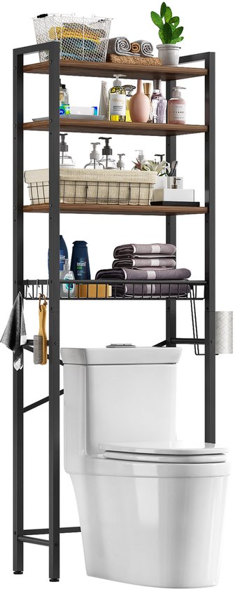 Étagère de rangement pour toilettes à 4 niveaux – Étagère de rangement autonome avec étagère et panier réglables, gain de place au-dessus des Toilettes – Marron Vintage
