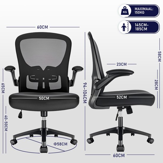 Durrafy Bureaustoel - Ergonomische Bureaustoel - Bureaustoelen voor Volwassenen - Office Chair - met Lendensteun & 90° Opklapbare Armleuningen | Verdikt en Verbreed Zitkussen | Hoogteverstelling - Stoel Tot 150kg - Zwart