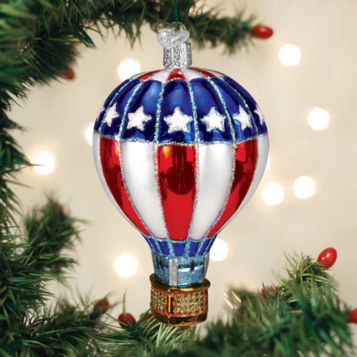 Kerstbal Heteluchtballon Amerika – Handgemaakt glazen ornament van Old World Christmas – 13,5 cm