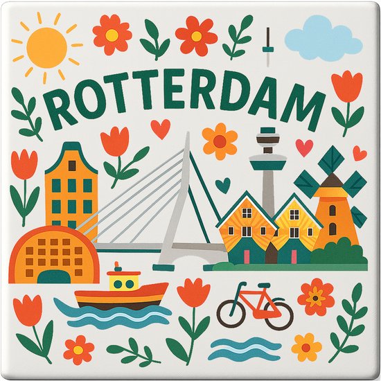 Carreau Rotterdam - 15 x 15 cm - Céramique - Souvenir décoratif - Avec support/chevalet transparent - Cadeau - Carreaux avec texte