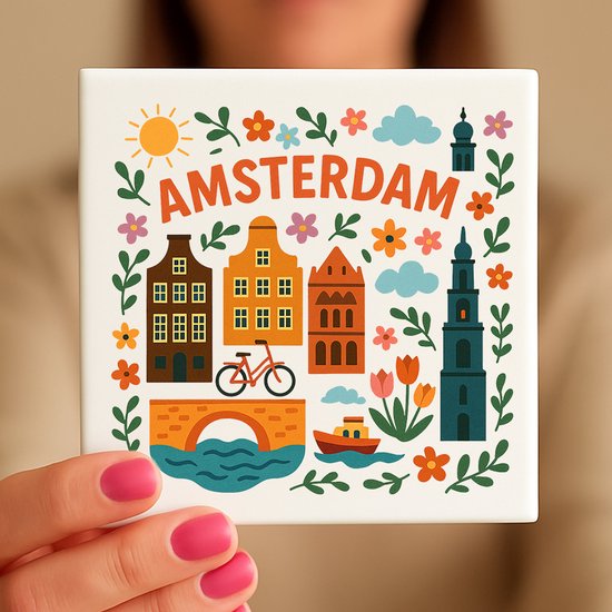 Carreau Amsterdam - 15 x 15 cm - Céramique - Souvenir décoratif - Avec support/chevalet transparent - Cadeau - Carreaux avec texte