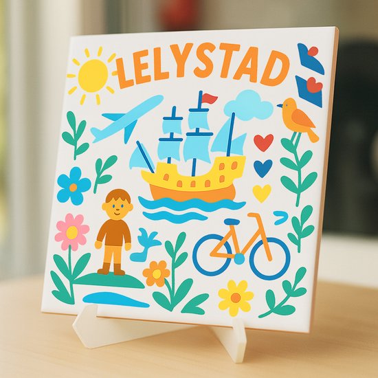 Carreau Lelystad - 15 x 15 cm - Céramique - Souvenir décoratif - Avec support/chevalet transparent - Cadeau - Carreaux avec texte