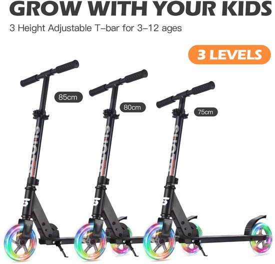 Suotu Kinderstep - 145mm Lichtgevende Wielen - Step - Speelgoed Jongens/Meisjes - Max stuurhoogte: 85 cm - Aluminium - Zwart