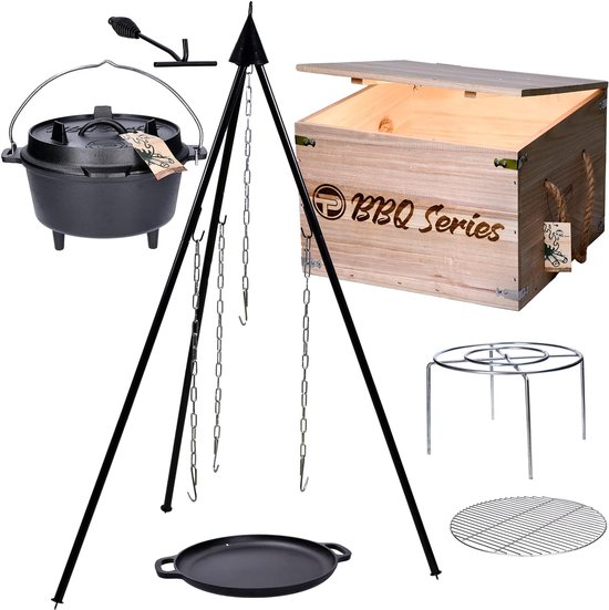 Set trépied pour four hollandais BBQ 7 pièces - Pot à feu, Pan en fonte et accessoires pour gril - Idéal comme coffret cadeau