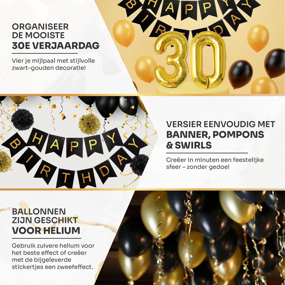 Zwart en Goud 30e Verjaardag Versiering - Feestversiering - Happy Birthday - Feestpakket - Ballonnen - Slinger - Dirty 30 - Sjerp - Verjaardagsfeest - Feestartikelen - Feestdecoratie Black & Gold — afbeelding 2