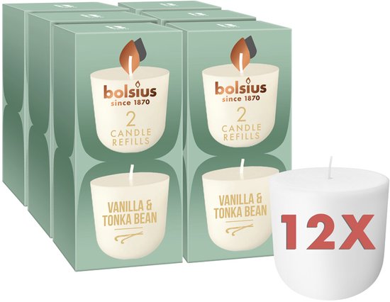 Bolsius - Bougie parfumée rechargeable CleanLight - Vanille et fève tonka - 12 pièces - 24 heures de combustion