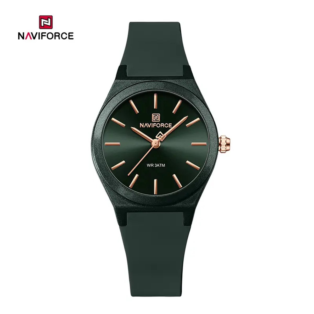 NAVIFORCE horloge met zwarte gefumeerde siliconen polsband, zwarte wijzerplaat met gouden wijzers en zwarte horlogekast voor dames met stijl (Model 5056 BB)