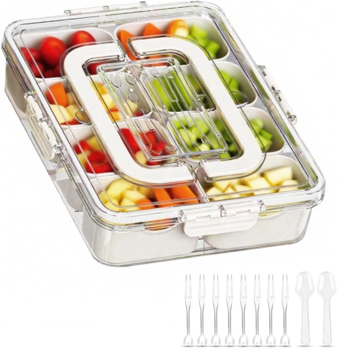 Snackbox met deksel en handgreep - Gedeelde lade met 8 uitneembare vakken voor snacks