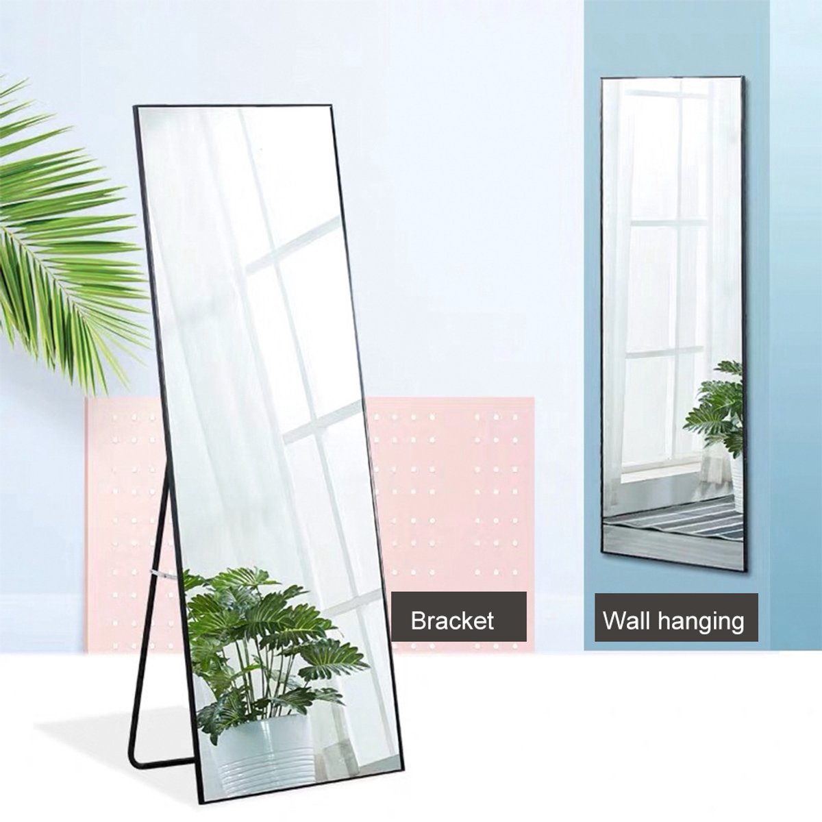 Passpiegel 150x40 cm - Grote wandspiegel met multifunctionele aluminium lijst (hangend/zittend/staand), Passpiegel voor badkamer, slaapkamer, hal of woonkamer, zwart