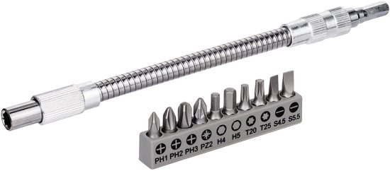 Een flexibel metalen verlengstuk met schroefbitset. De bitset bevat PH1, PH2, PH3, PZ2, H4, H5, T20, T25, S4, S5,5.
