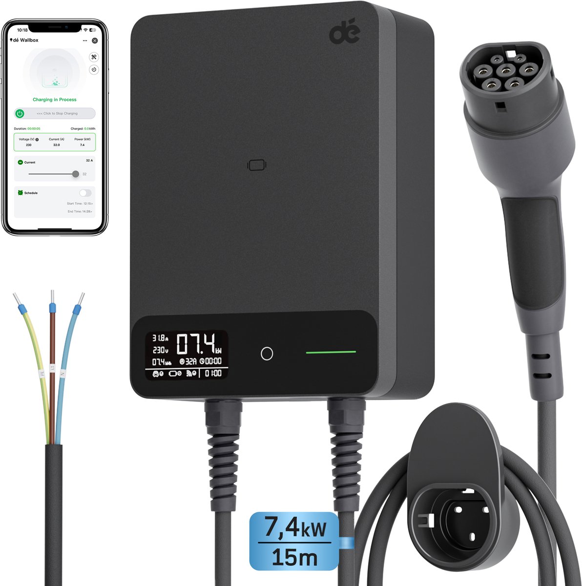 Slimme Wallbox Laadpaal 7,4kW - 15m kabel - Zwart