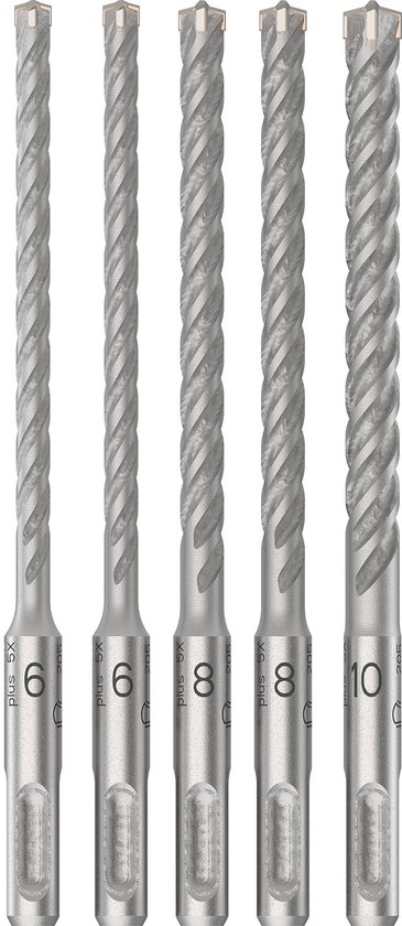 Vijf Bosch SDS plus-5X boren met diameters 6, 6, 8, 8, 10 mm.