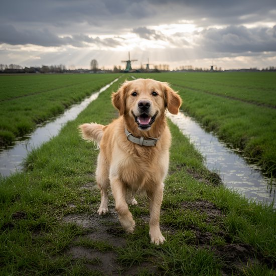 Golden retriever draagt een lichtgrijze halsband in een weiland.