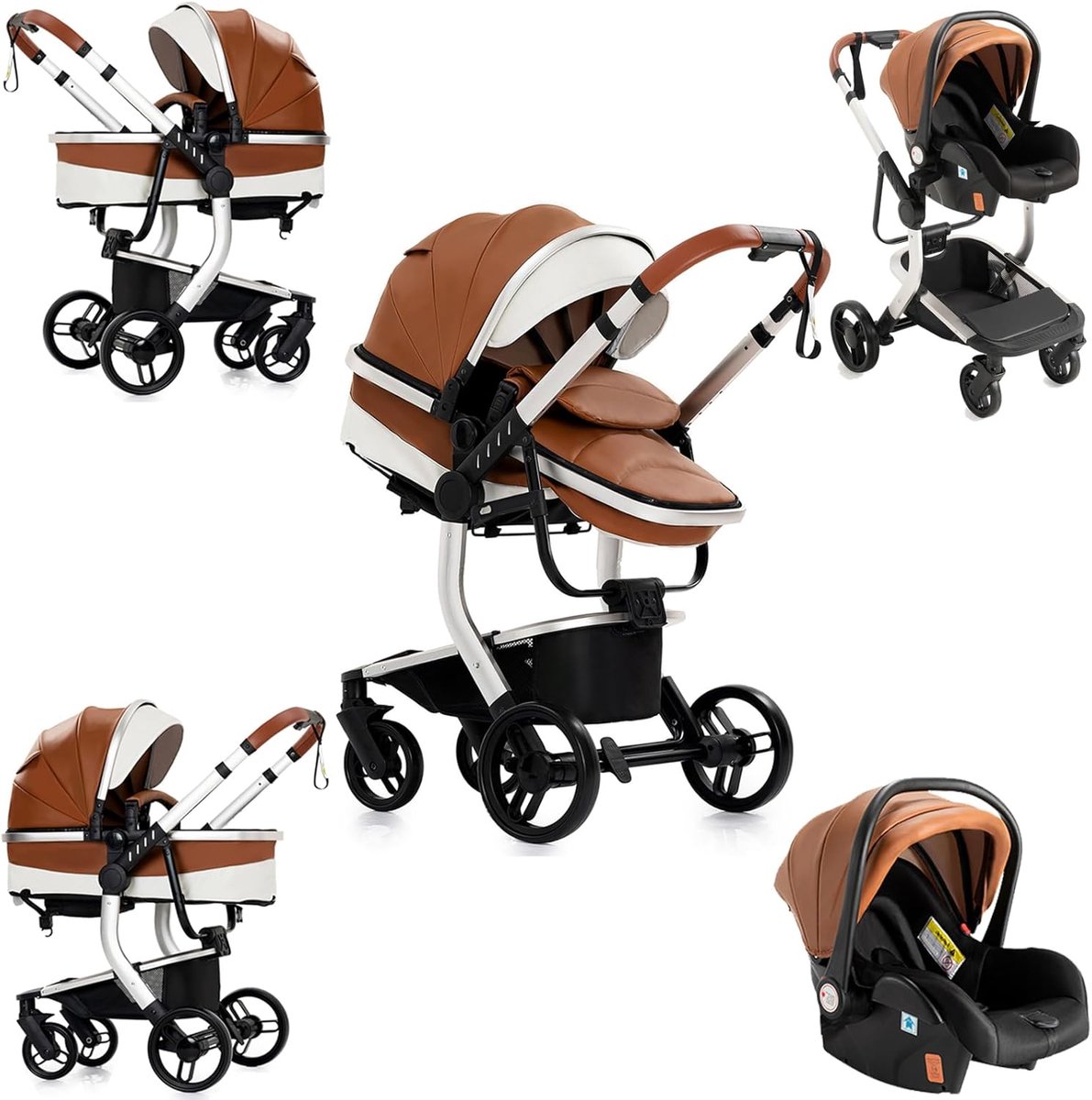 Image of 3-in-1 Kinderwagen voor Pasgeborenen met PU-leer en Bidirectionele Duwstang