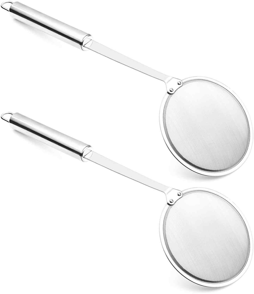 longziming 2x Schuimspaan - Hot Pot Olie Schep - 32 cm RVS 304 - Fijnmazige Zeef met Lange Handgreep - Voor Olie, Vet en Schuim Afscheiden - Kitchen Tools