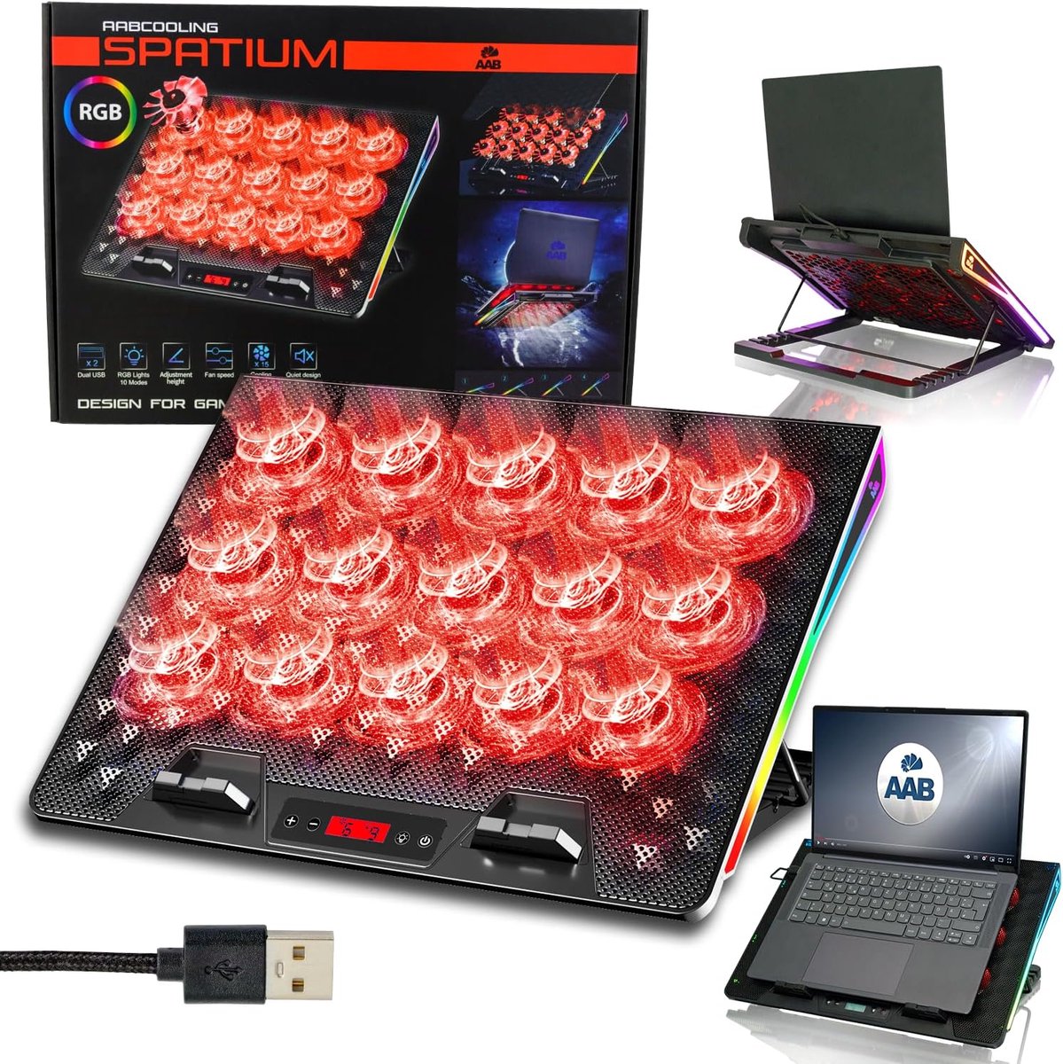 Laptop Koelpad met 15 Ventilatoren en RGB Verlichting - Voor 9-17" Notebooks