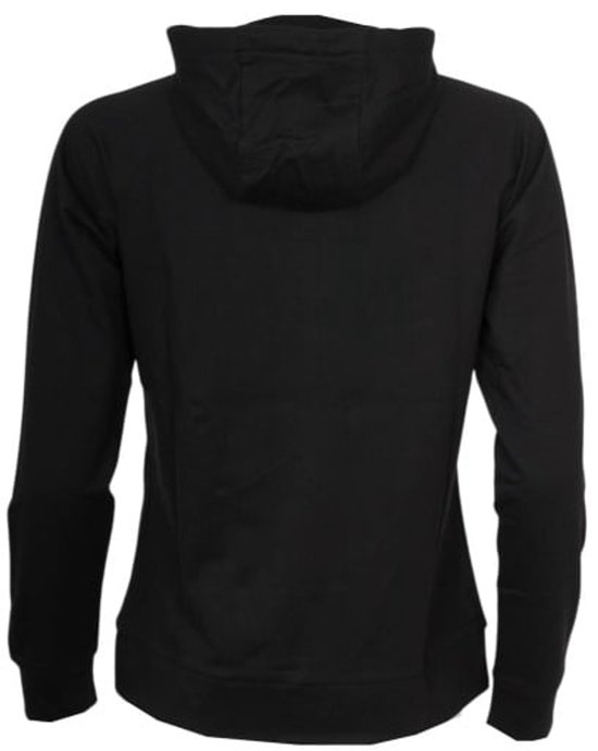 Zwarte hoodie voor dames, achterkant zichtbaar.