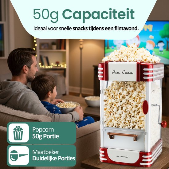 Emerio Popcornmachine - Popcornmaker - 50g - Roersysteem - Anti-aanbaklaag - Anti-slip - 360W - Maatbeker - POM-120650 Rood/Wit — afbeelding 4