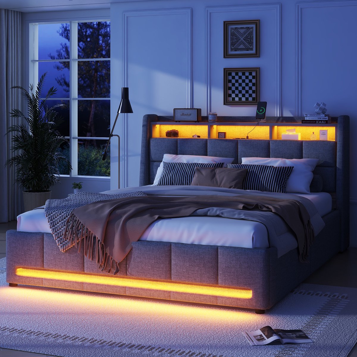 Merax Gestoffeerd bed 140 x 200 cm - met LED-verlichting - met laden - met stopcontact en USB - met opbergruimte - grijs - zonder matras