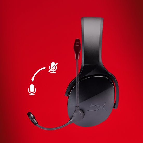 Zwarte headset met microfoon met pictogrammen die aangeven dat deze kan worden gedempt.