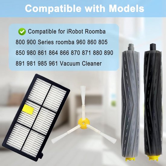 Een set reserveonderdelen voor iRobot Roomba met filters, zijborstels en twee rolborstels (grijs en zwart).