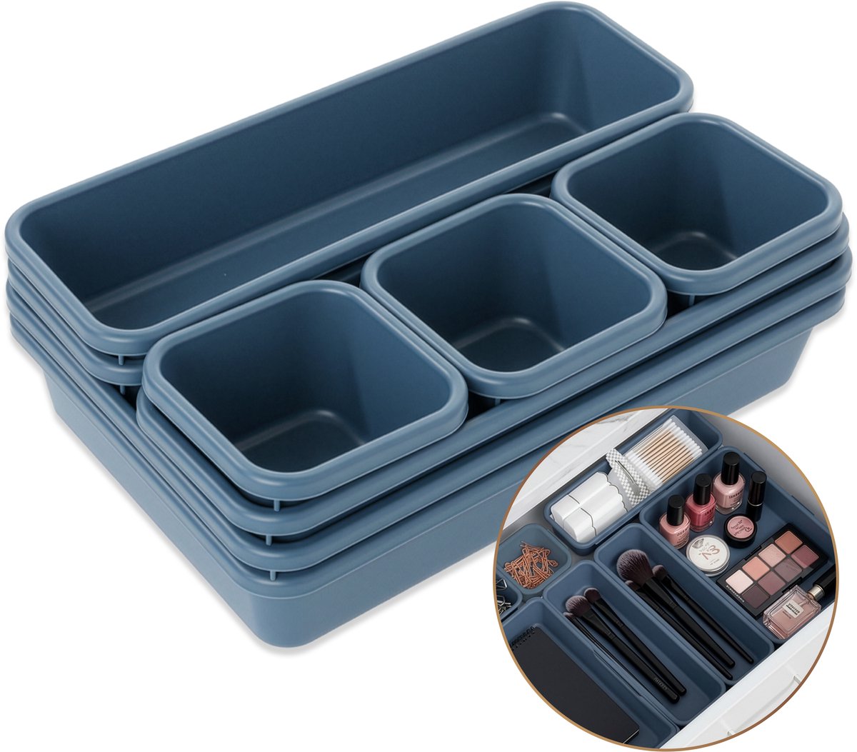 DIVERZA Lade Organizers – 8-delige set – Opbergbakjes voor Keuken, Bureau, Badkamer & Slaapkamer – Ladeverdelers – Modulair en Stevig – Blauw