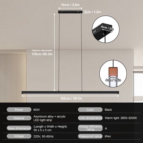 Zwarte, slanke hanglamp van 150 cm, hoogte verstelbaar tot 115 cm, met warm wit licht.