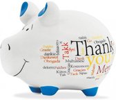 Spaarpot spaarvarken bedankt en thank you in wit en blauw