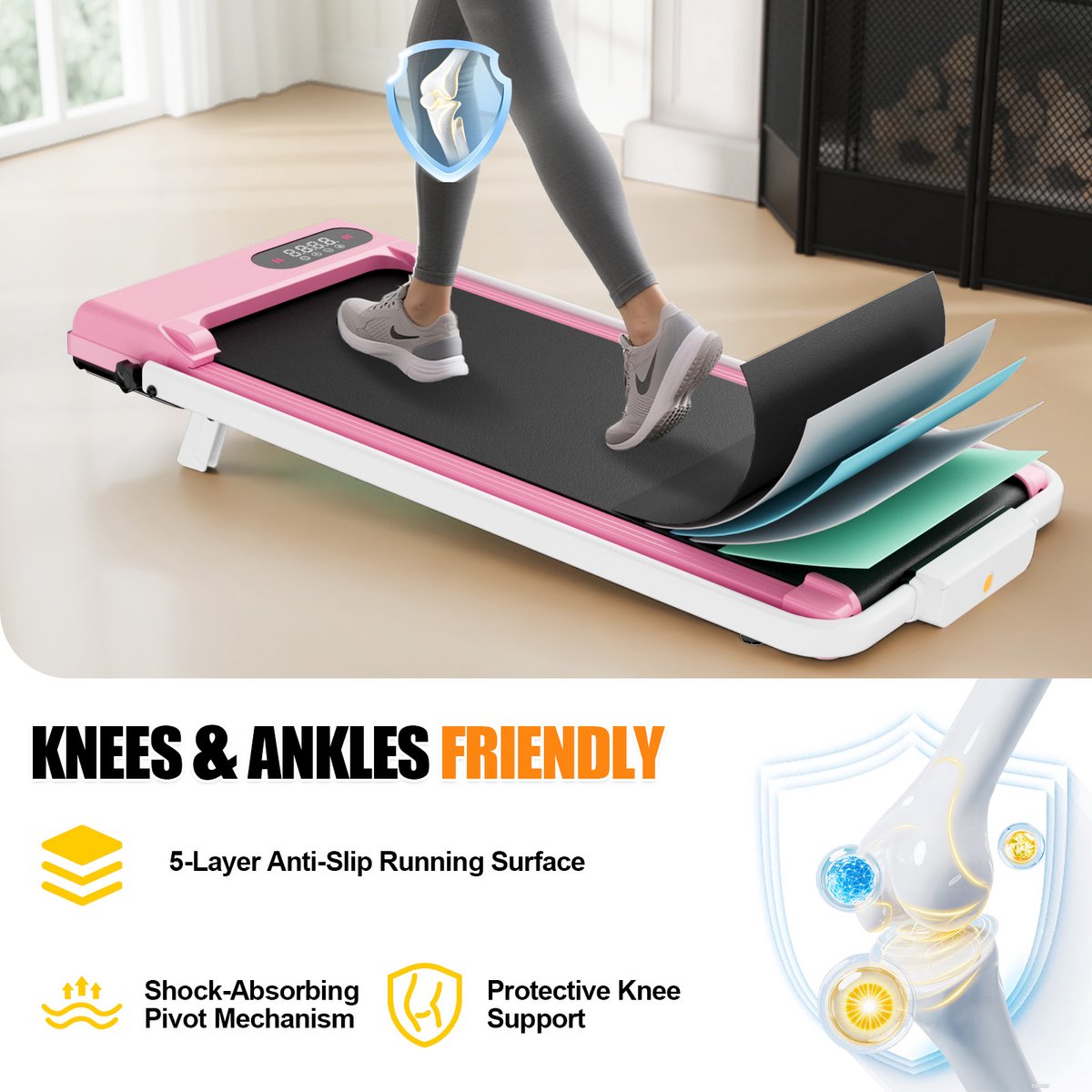 Afbeelding 3 van Opvouwbare loopband met 7% helling - 3-in-1 loopband Motor 2,5 pk- Walking Pad 1-8 km/u instelbaar - Oppervlak 38,5 x 90 cm - Roze