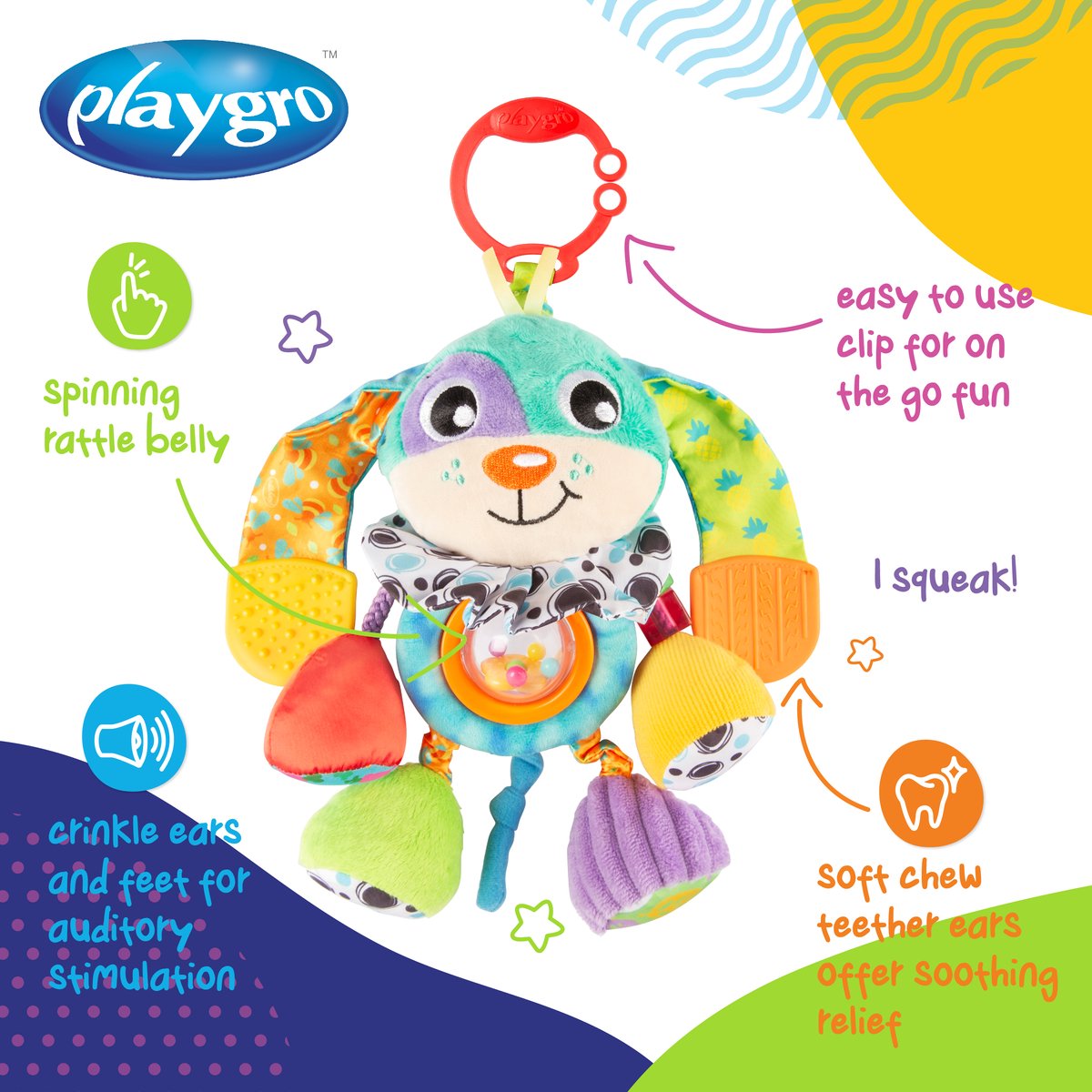 Playgro Activity Friend Doofy Dog - Hangspeeltje - Baby Speelgoed - Kinderwagenspeeltje - Rammelaar - Kinderwagenaccessoire - Buggyaccessoire - Educatief Speelgoed - Knuffeldier — cadeau in Spellen & Speelgoed - foto 5