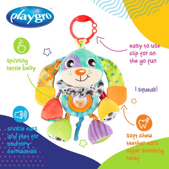Playgro Activity Friend Doofy Dog - Hangspeeltje - Baby Speelgoed - Kinderwagenspeeltje - Rammelaar - Kinderwagenaccessoire - Buggyaccessoire - Educatief Speelgoed - Knuffeldier van Playgro — afbeelding 5