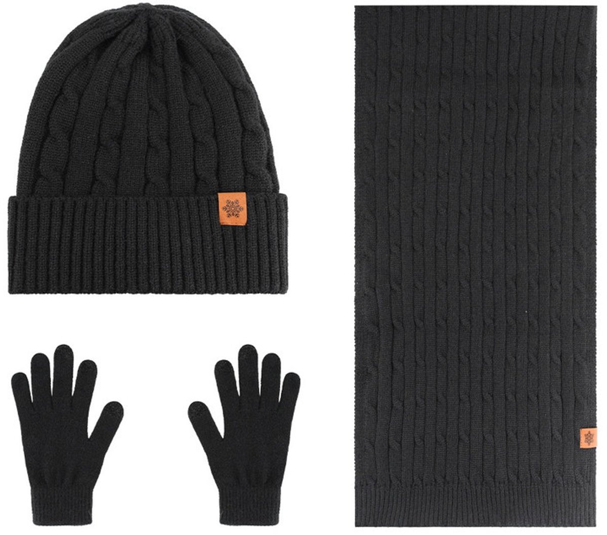 Herenmuts, sjaal en touchscreen-handschoenen, 3 stuks, warme, dikke gebreide muts, lange gebreide sjaal (geschikt voor hoofdomtrek 54-60 cm),Zwart