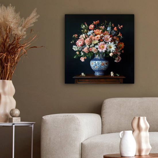 Tableau sur toile 50x50 cm - Décoration murale exclusive Bois - Vase - Couleurs - Fleurs - Décoration murale salon - Décoration chambre - Accessoires chambre - Peintures sur toile