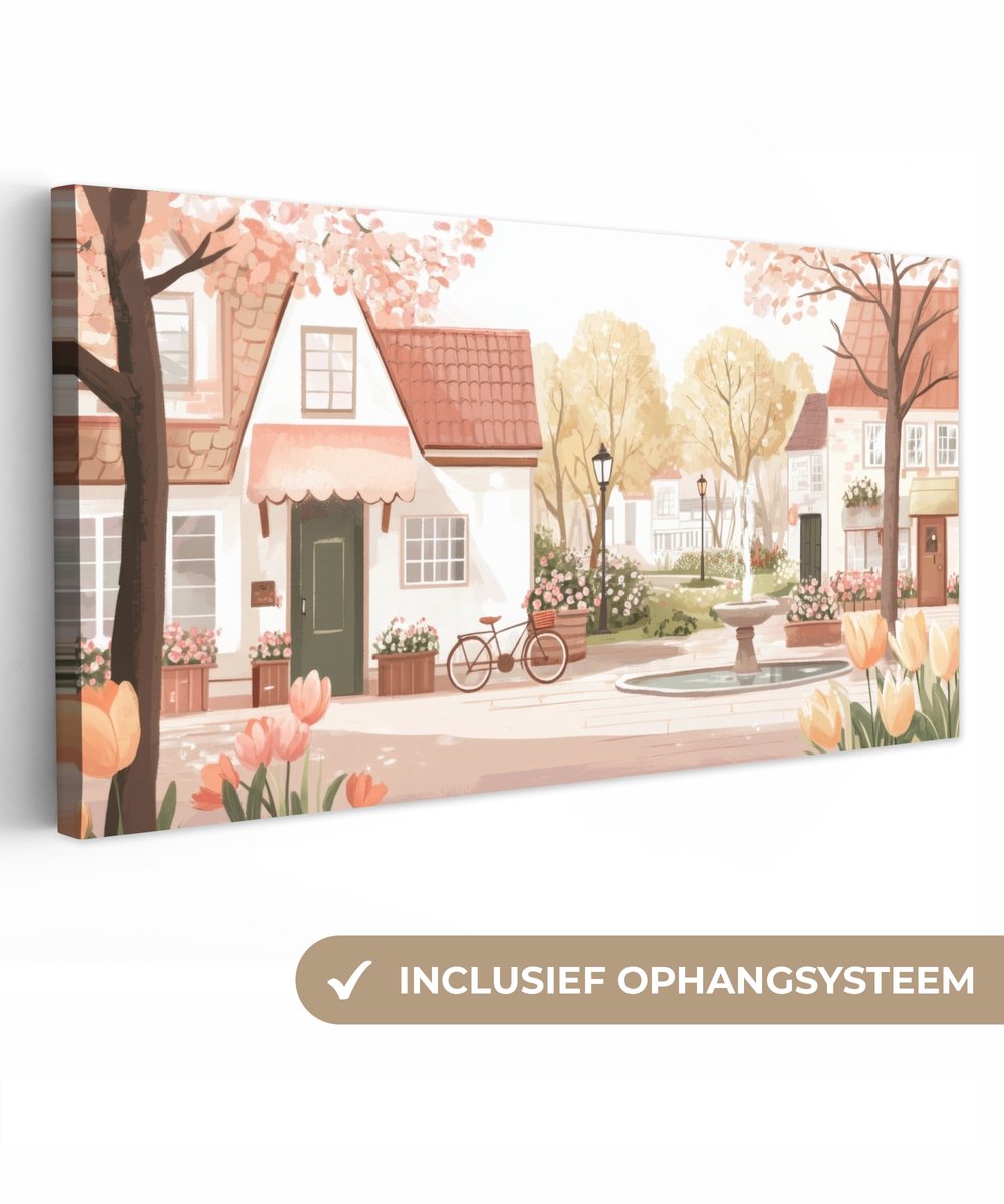 Canvas schilderij 80x40 cm - Exclusieve wanddecoratie Dorpsplein - Fontein - Tulpen - Muur
