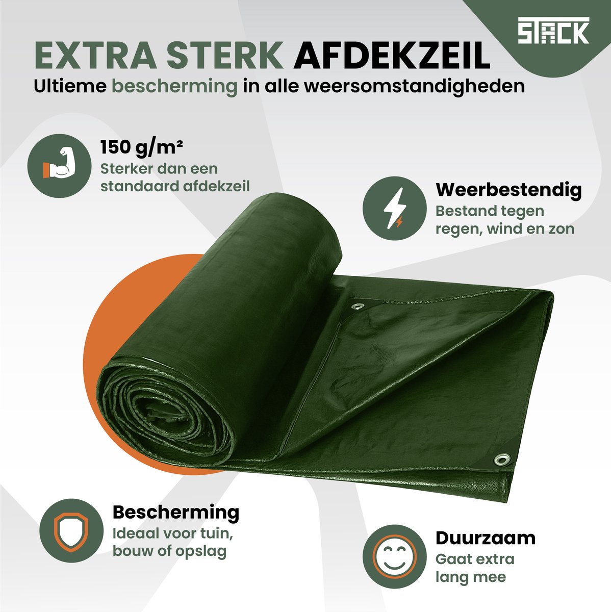 STACK® Extra Sterk Afdekzeil - 2x3m - Donker Groen - 150G/M2 - Waterdicht Bouwzeil & Zeildoek - Zeil Met Ringen - Beschermhoes & Afdekhoes voor Zwembad,Tuin Set,Motor,Scooter,Fietsen,Aanhangwagen,Scootmobiel,BBQ accesoires - Auto Hoes Bescherming — afbeelding 2