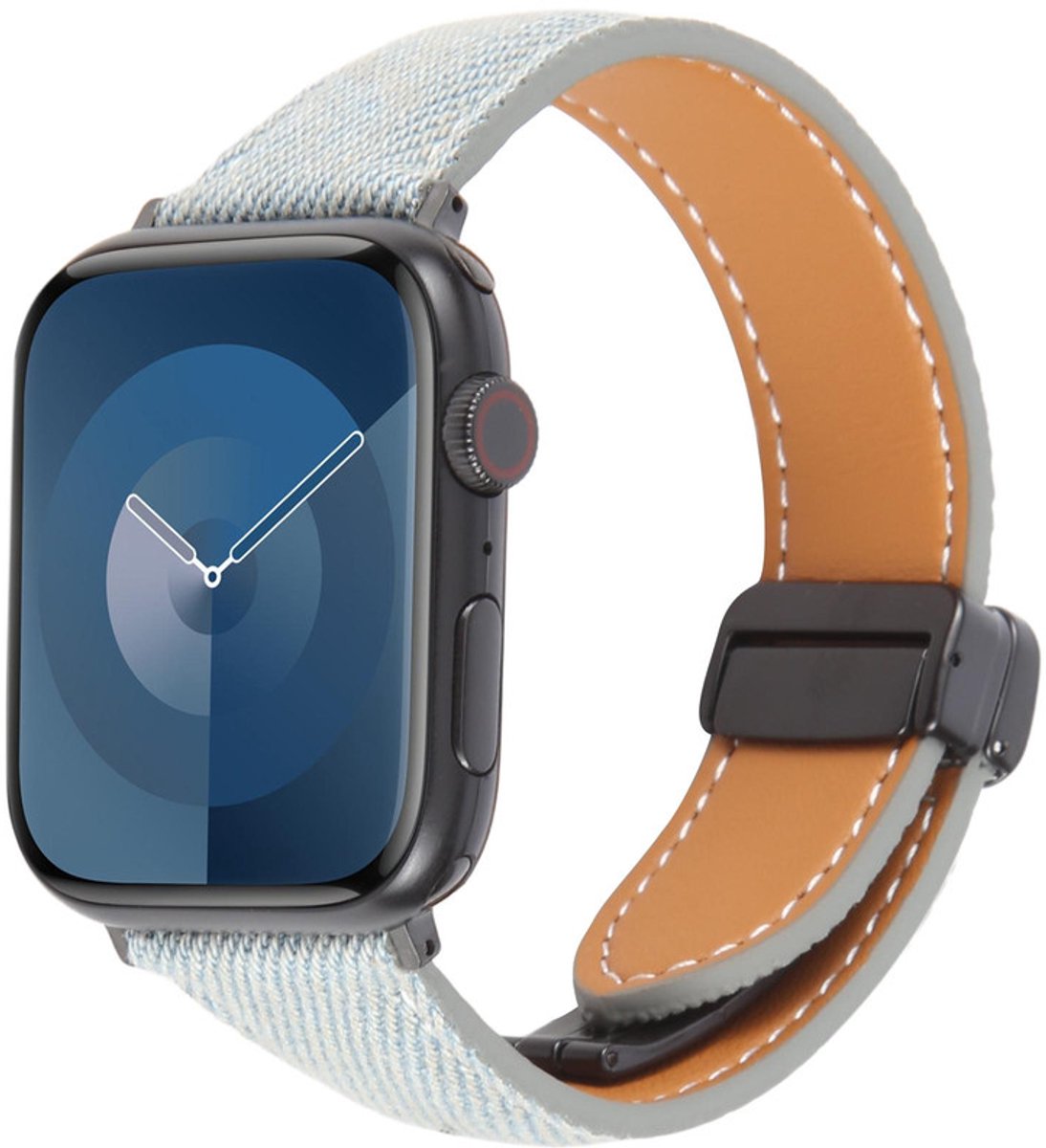 Hybride bandje leer + denim - geschikt voor Apple Watch series 1/2/3/4/5/6/7/8/9/10/11/ SE (1,2,3) / Ultra (1,2,3) met maat 44 mm / 45 mm / 46 mm / 49 mm - magneetsluiting - lichtblauw