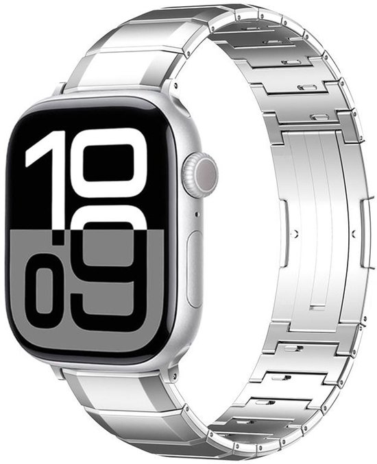 Bracelet en titane - compatible avec Apple Watch 1/2/3/4/5/6/7/8/9/10/11/SE (1, 2, 3) de 38 mm / 40 mm / 41 mm et 42 mm (Watch 10/11) - bracelet à maillons en acier avec boucle déployante papillon - argent