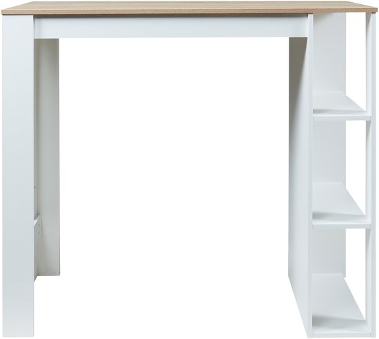 Witte barmeubel met eikenkleurig tafelblad, staand op een witte poot en met drie open witte opbergplanken aan de zijkant.